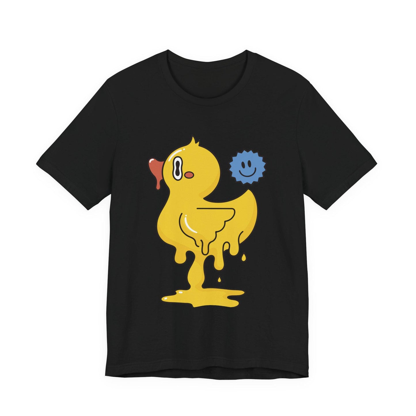 Black graphic duck T-shirt with blue smiley companion print
