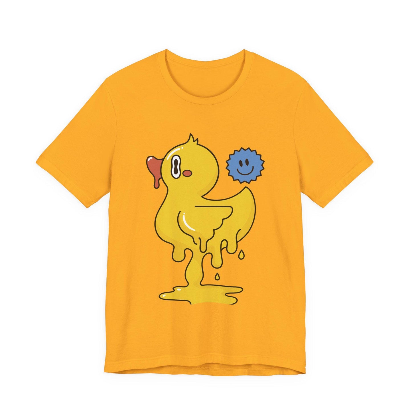 Orange graphic duck T-shirt with blue smiley companion print