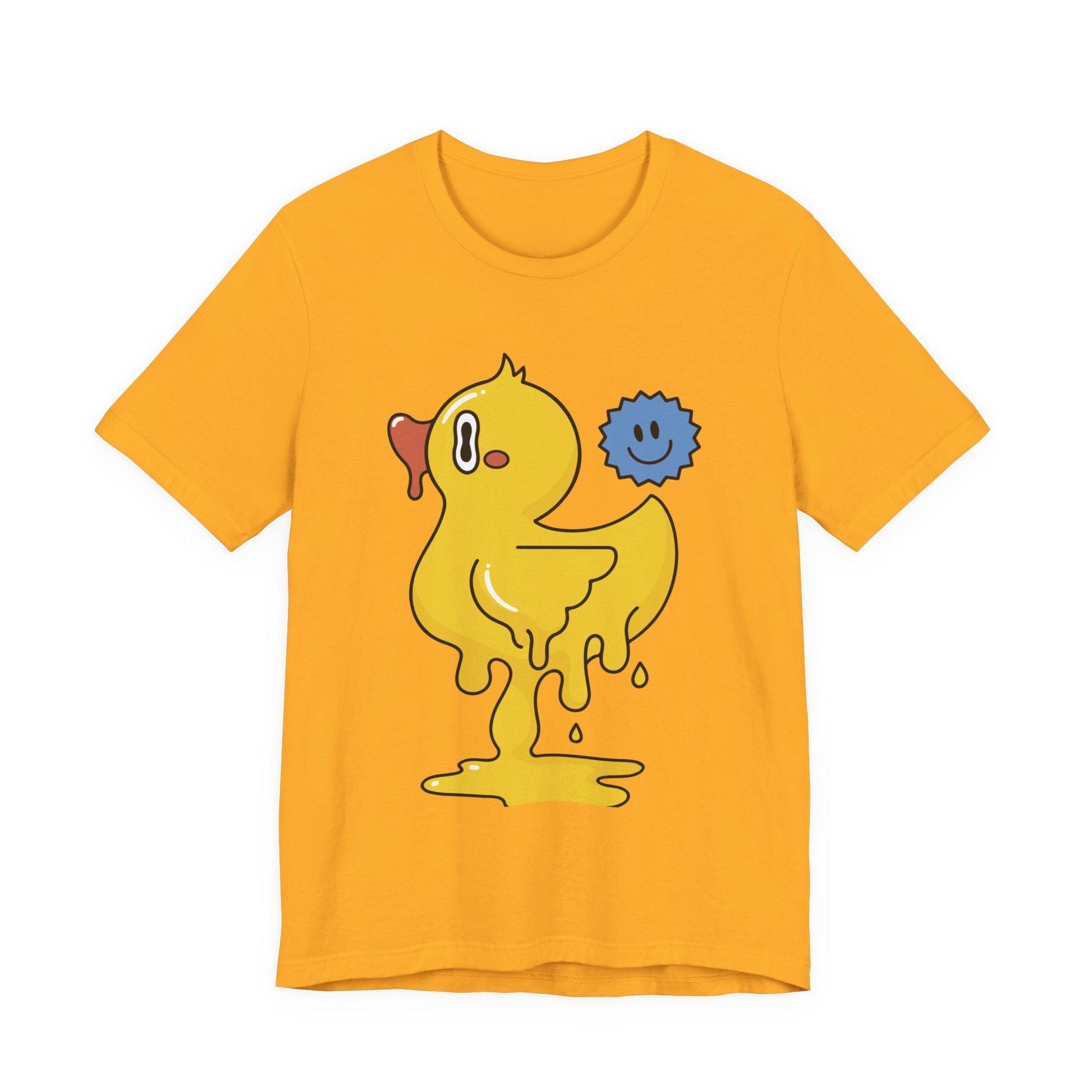 Orange graphic duck T-shirt with blue smiley companion print