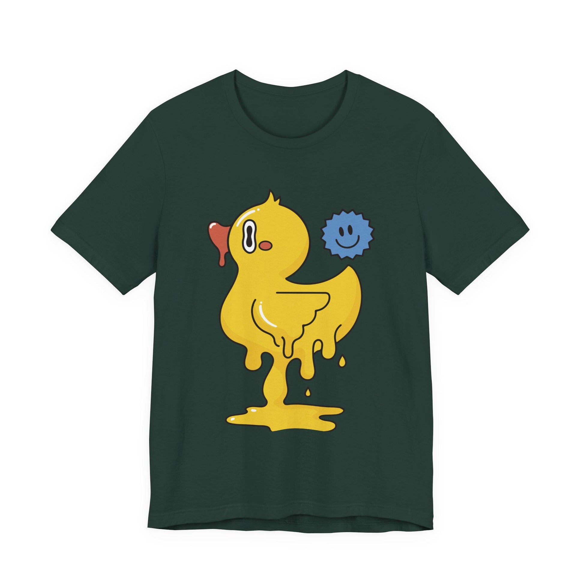 Dark green graphic duck T-shirt with blue smiley companion print