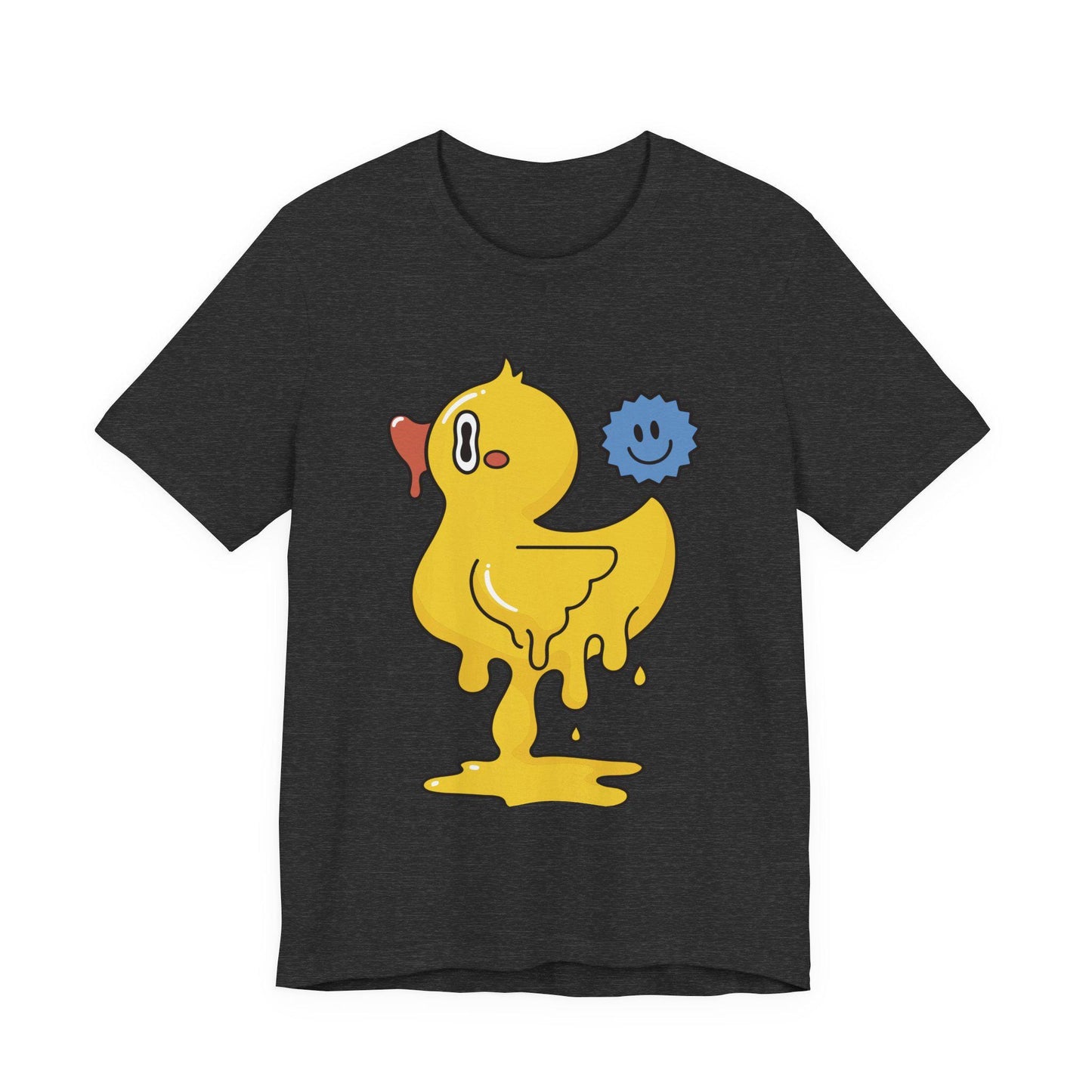 Dark gray graphic duck T-shirt with blue smiley companion print