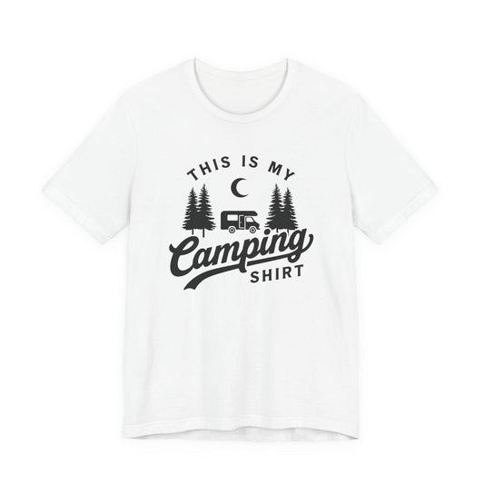 White crewneck T-shirt with camping graphic (camper, trees, “Camping Shirt”)