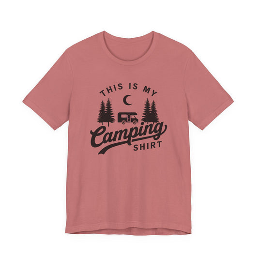 Dusty rose crewneck T-shirt with camping graphic (camper, trees, “Camping Shirt”)
