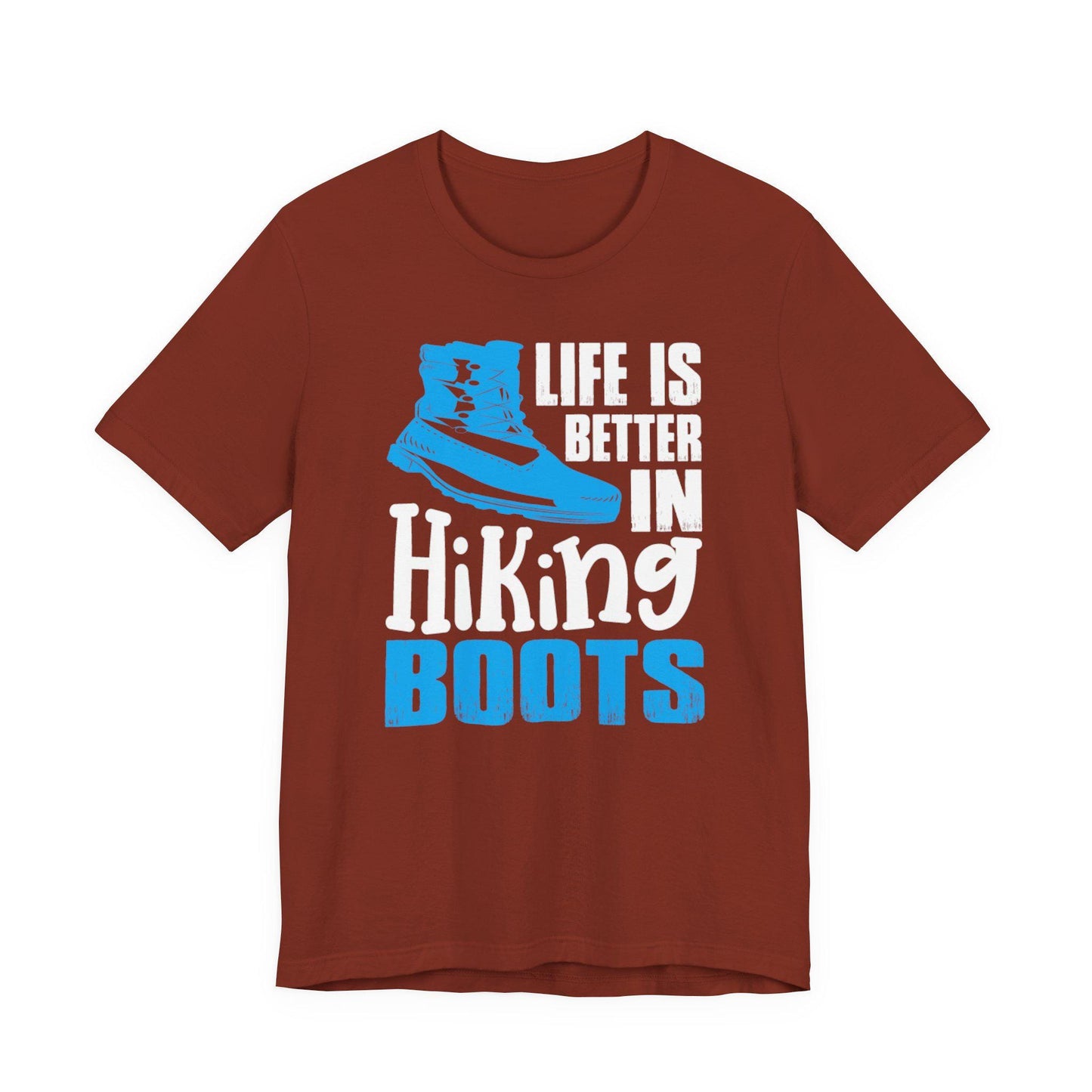 Rust brown graphic T-shirt with blue boot graphic and text: Life is better in Hiking Boots