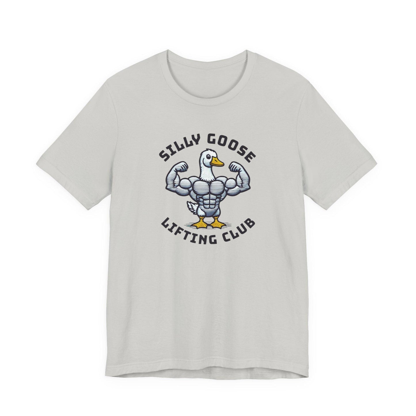Silver gray crew-neck short-sleeve graphic tee with lifted goose emblem