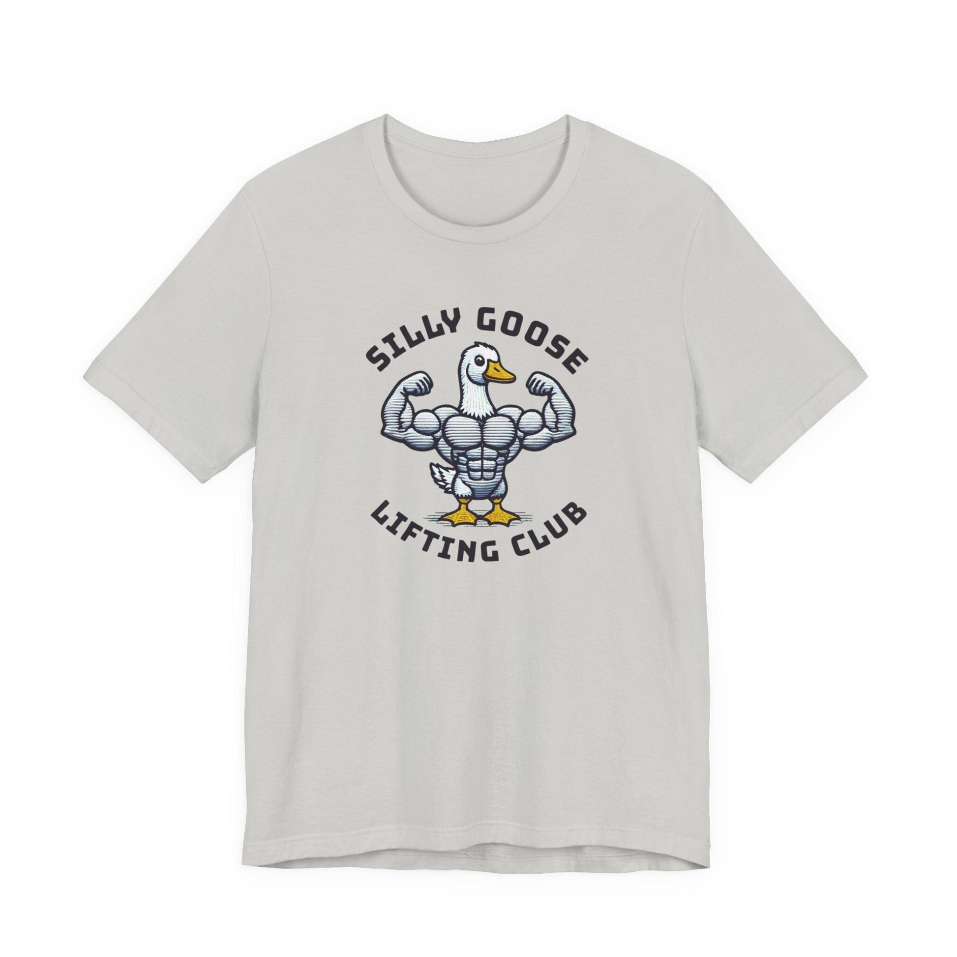 Silver gray crew-neck short-sleeve graphic tee with lifted goose emblem