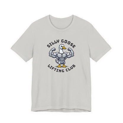Silver gray crew-neck short-sleeve graphic tee with lifted goose emblem