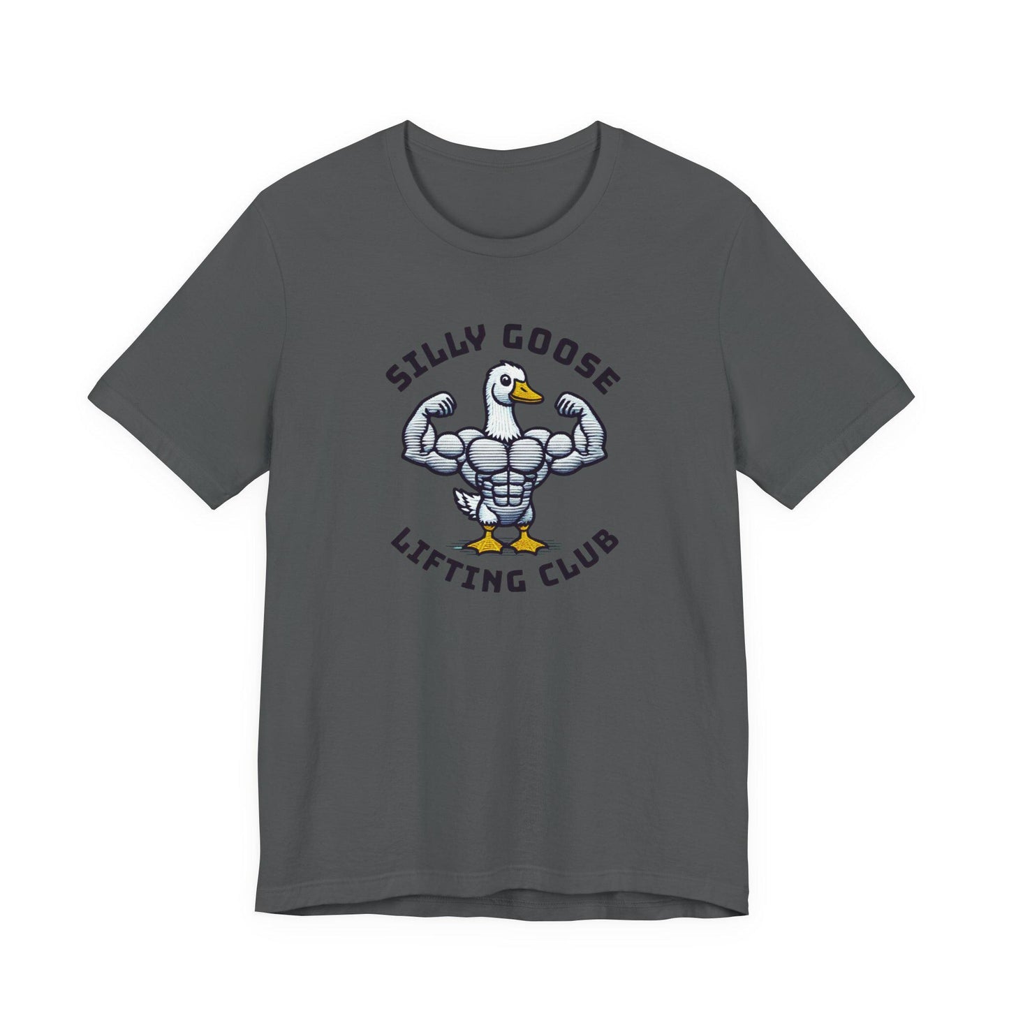 Dark gray crew-neck short-sleeve graphic tee with lifted goose emblem