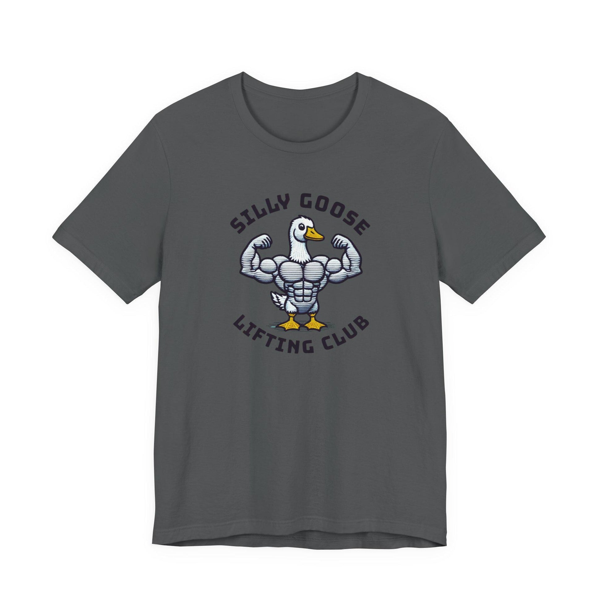 Dark gray crew-neck short-sleeve graphic tee with lifted goose emblem