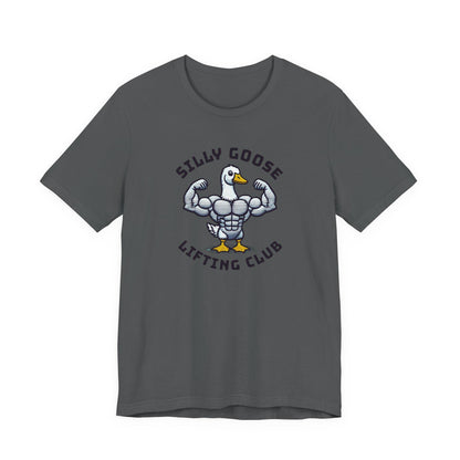 Dark gray crew-neck short-sleeve graphic tee with lifted goose emblem