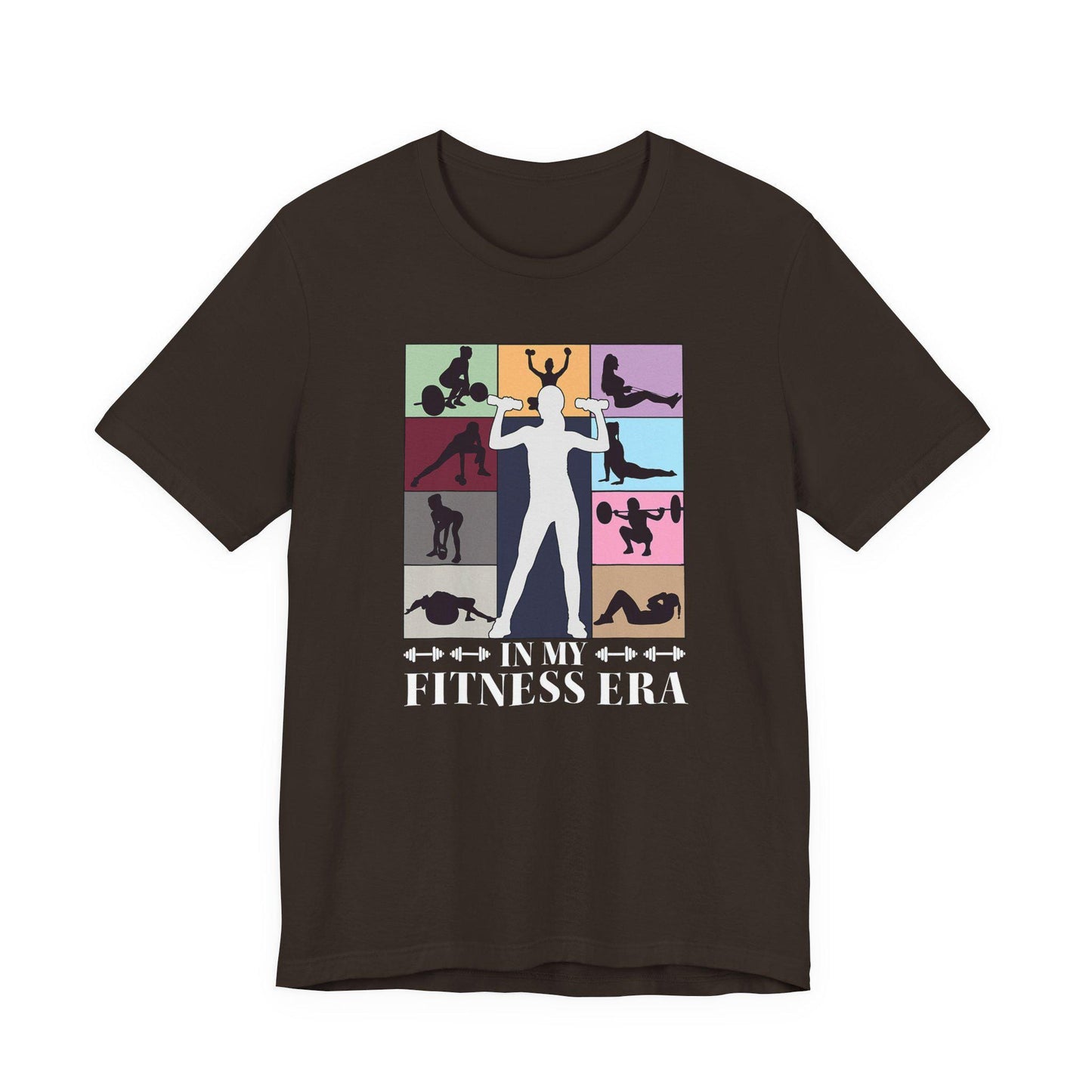 Brown strength T-shirt with colorful fitness collage graphic and “IN MY FITNESS ERA” text