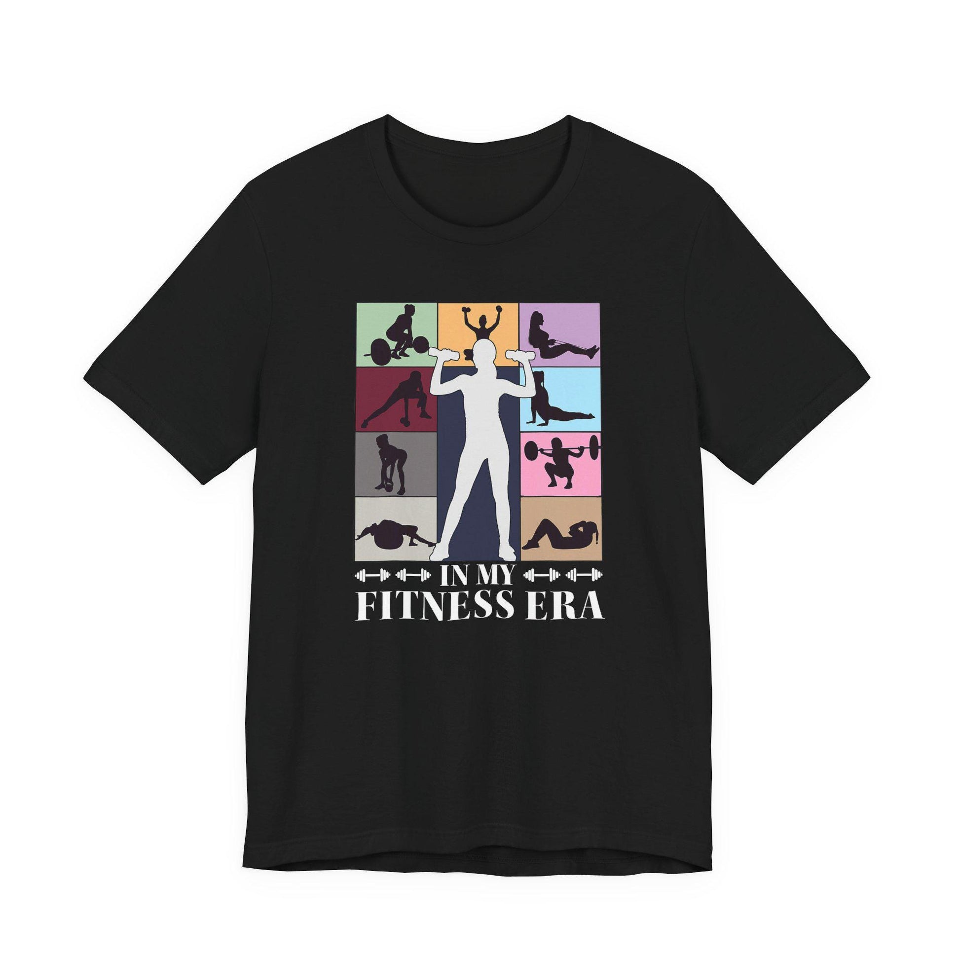 Black strength T-shirt with colorful fitness collage graphic and “IN MY FITNESS ERA” text