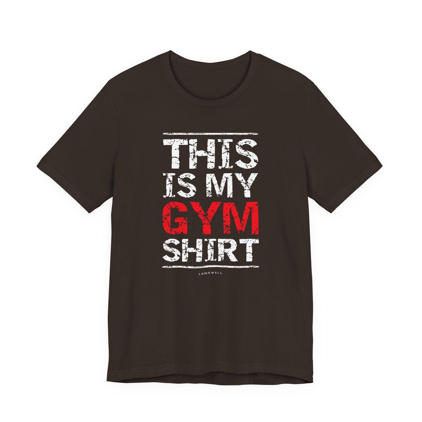 Upbeat Iron Therapy tee, dark brown with 'THIS IS MY GYM SHIRT' front graphic.