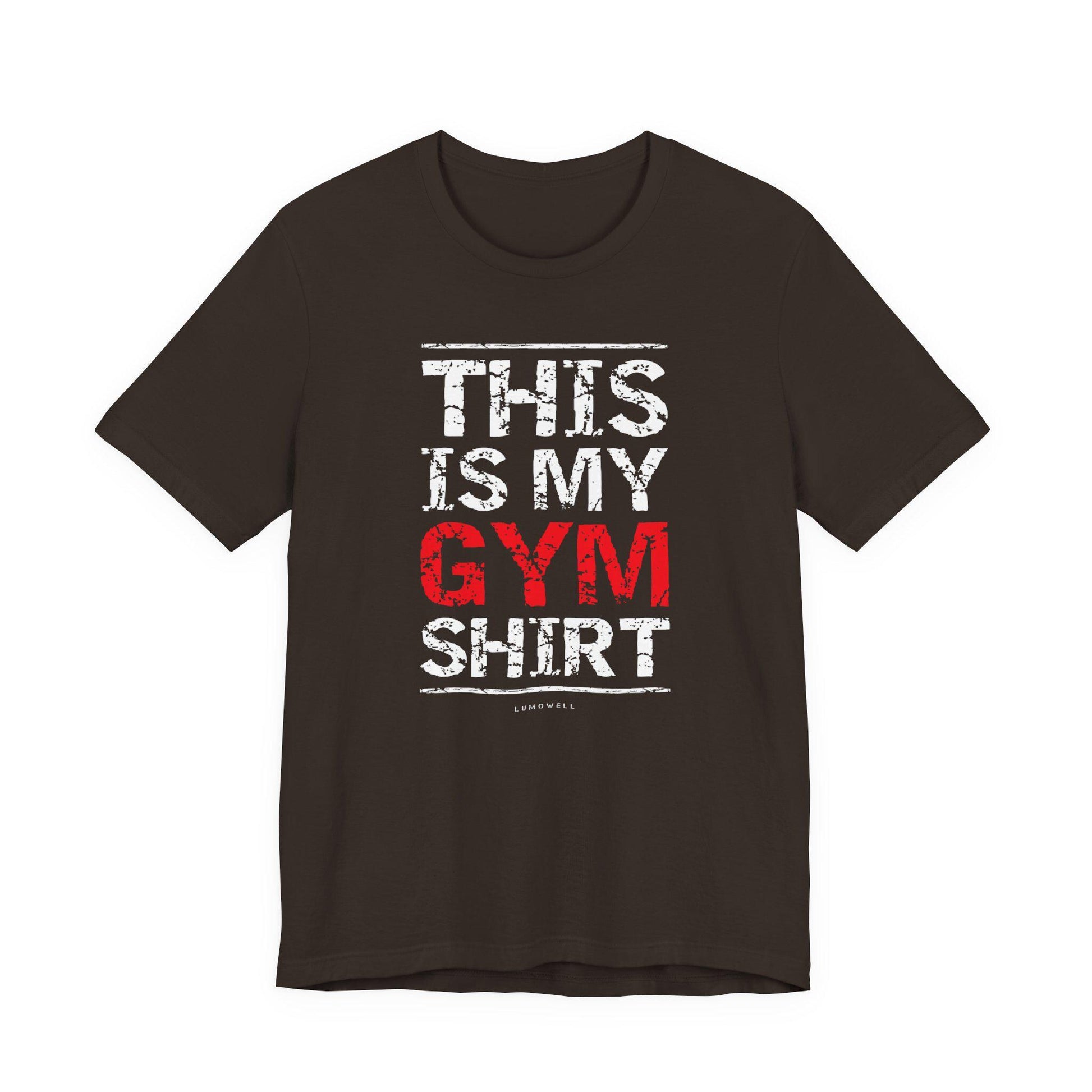 Upbeat Iron Therapy tee, dark brown with 'THIS IS MY GYM SHIRT' front graphic.