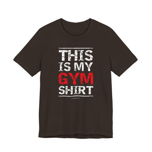Upbeat Iron Therapy tee, dark brown with 'THIS IS MY GYM SHIRT' front graphic.