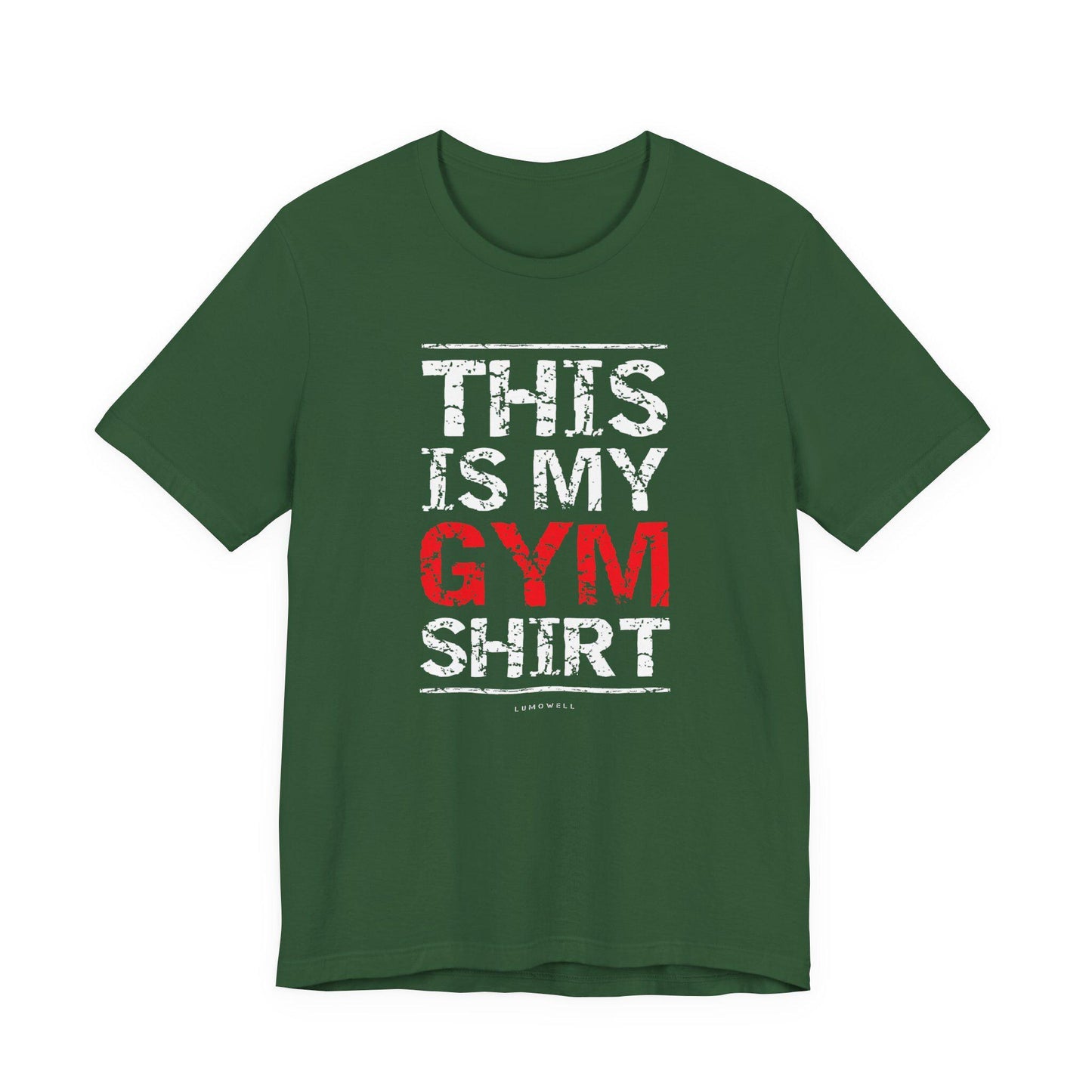 Upbeat Iron Therapy tee, evergreen green with 'THIS IS MY GYM SHIRT' front graphic.