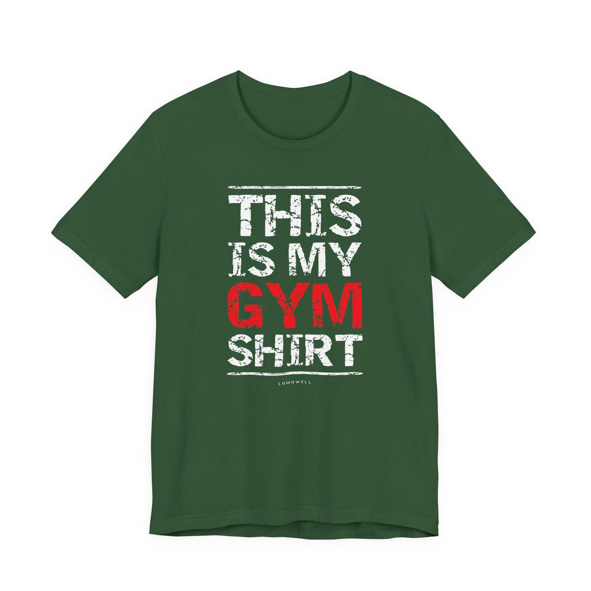 Upbeat Iron Therapy tee, evergreen green with 'THIS IS MY GYM SHIRT' front graphic.