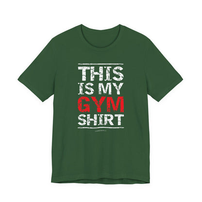 Upbeat Iron Therapy tee, evergreen green with 'THIS IS MY GYM SHIRT' front graphic.