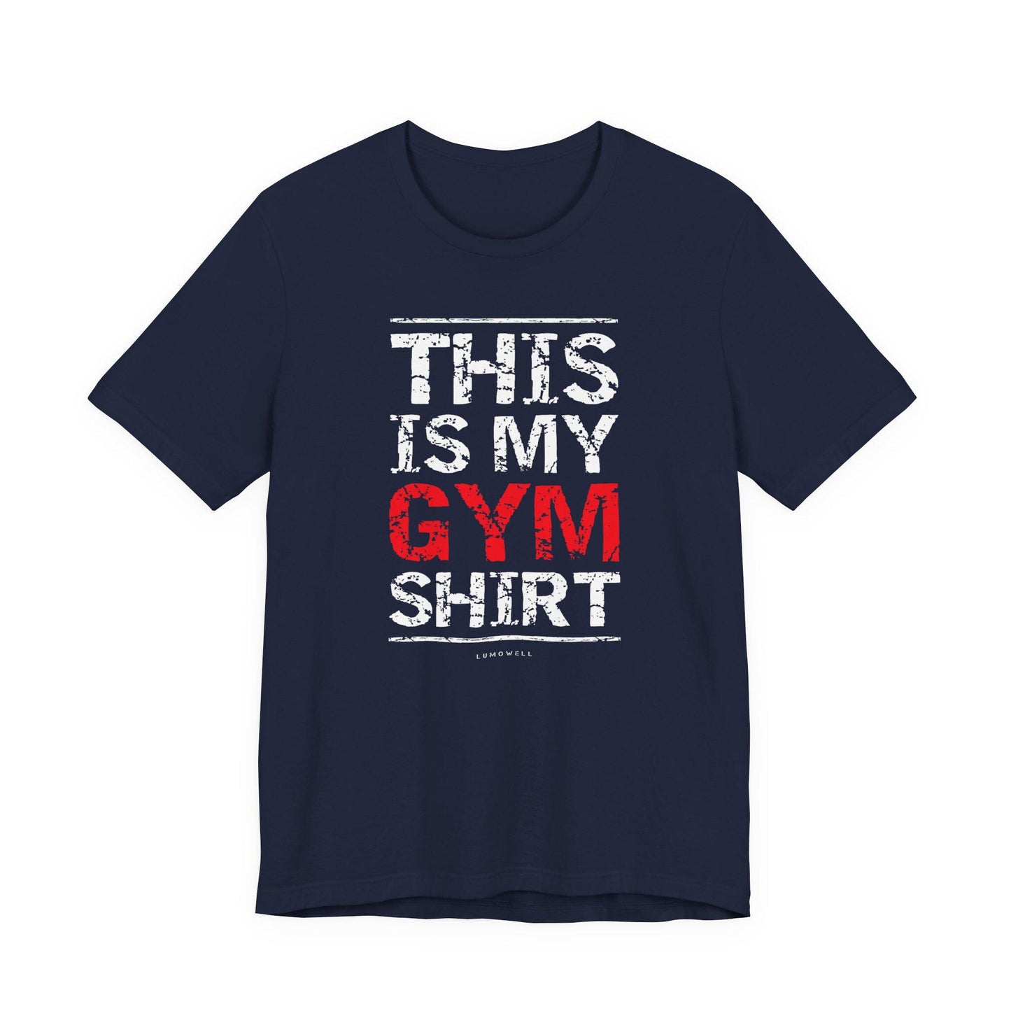Upbeat Iron Therapy tee, navy blue with 'THIS IS MY GYM SHIRT' front graphic.