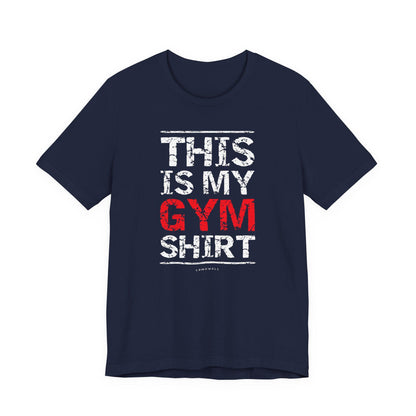 Upbeat Iron Therapy tee, navy blue with 'THIS IS MY GYM SHIRT' front graphic.