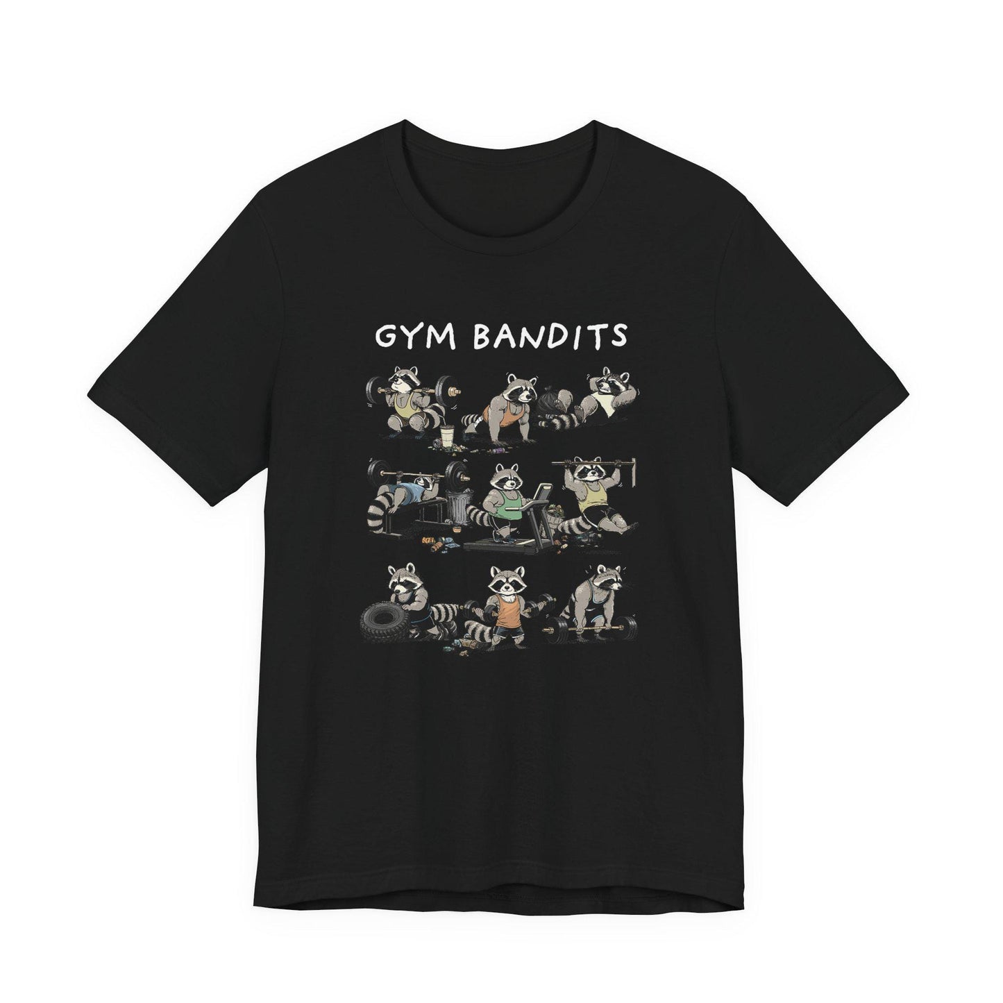 Black crew-neck Gym Bandits T-shirt with raccoon graphic front
