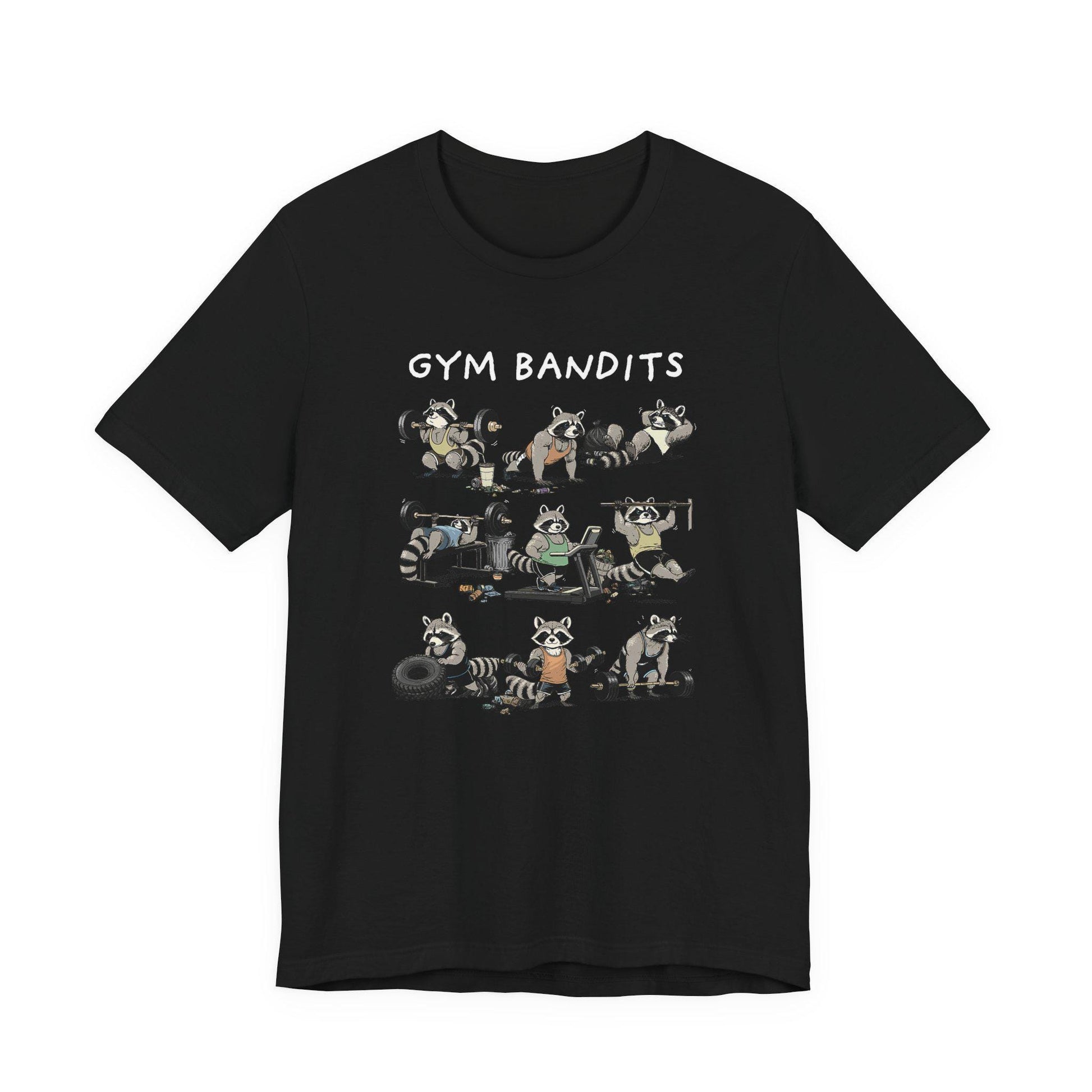 Black crew-neck Gym Bandits T-shirt with raccoon graphic front