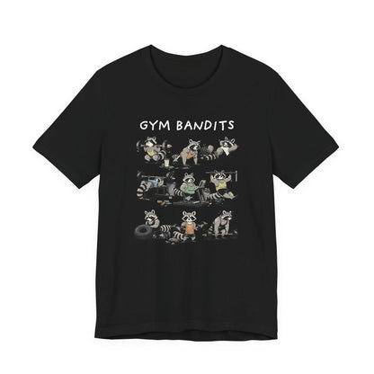 Black crew-neck Gym Bandits T-shirt with raccoon graphic front