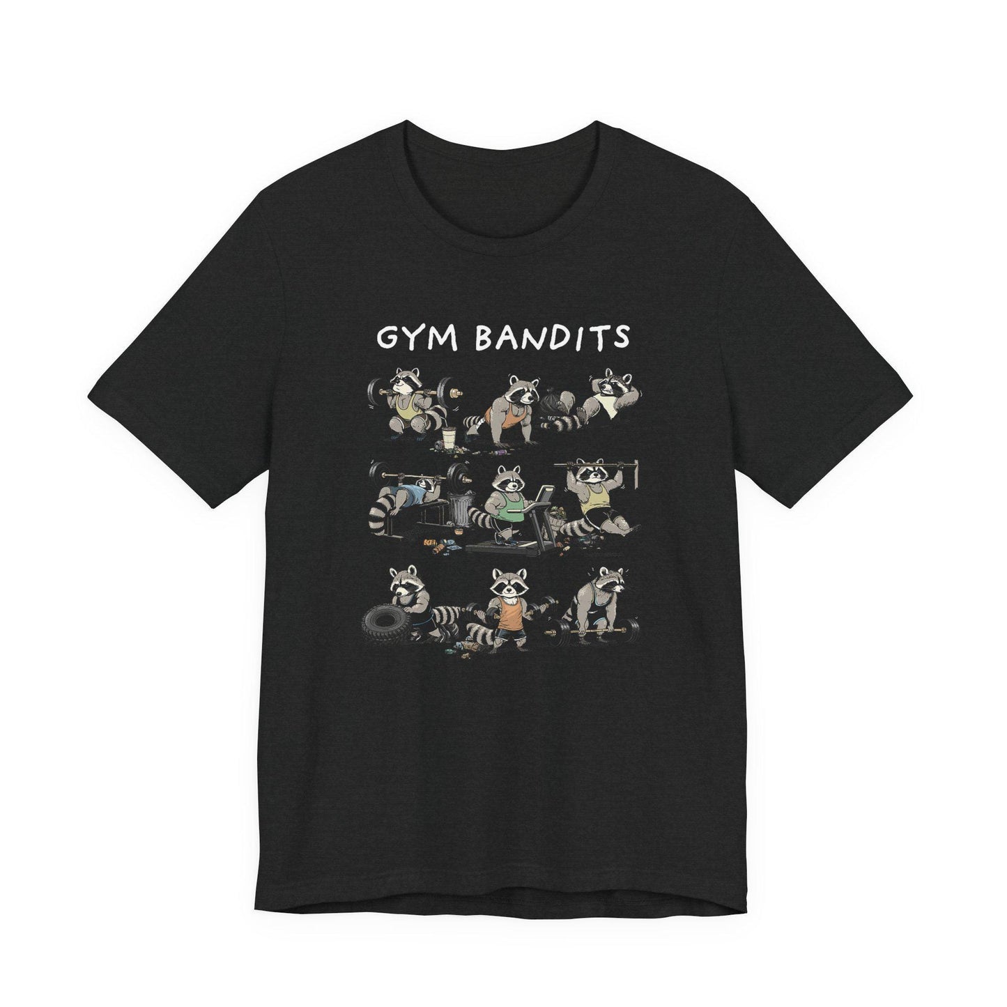 Black crew-neck Gym Bandits T-shirt with centered raccoon graphic