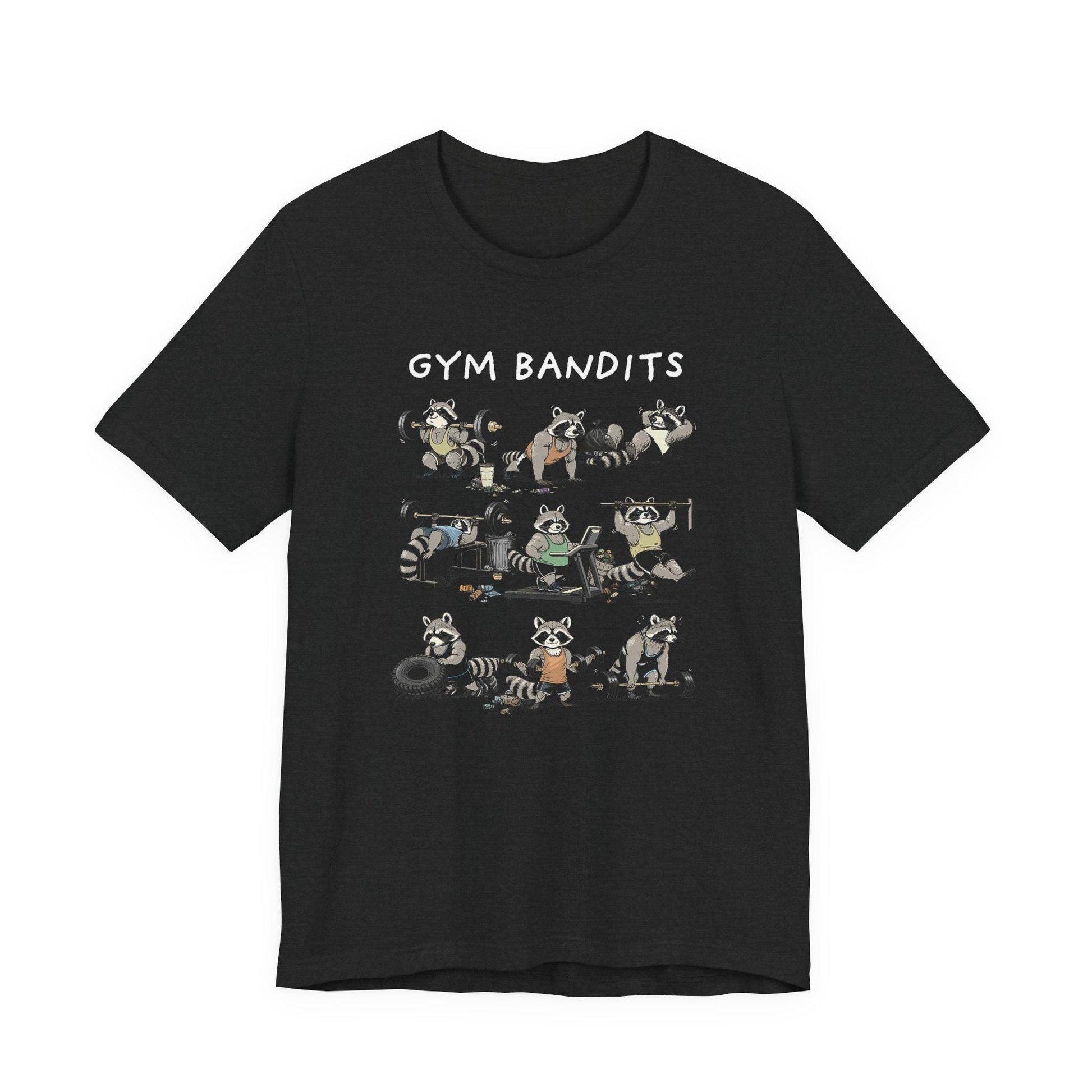 Black crew-neck Gym Bandits T-shirt with centered raccoon graphic