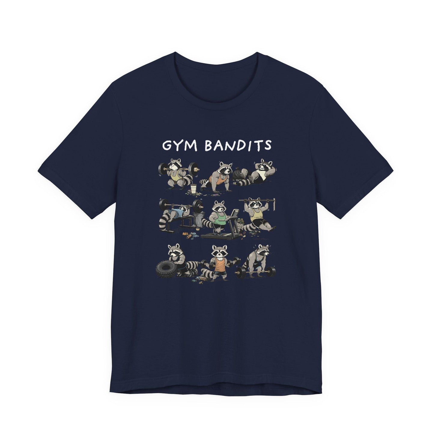 Navy crew-neck Gym Bandits T-shirt with raccoon graphic front