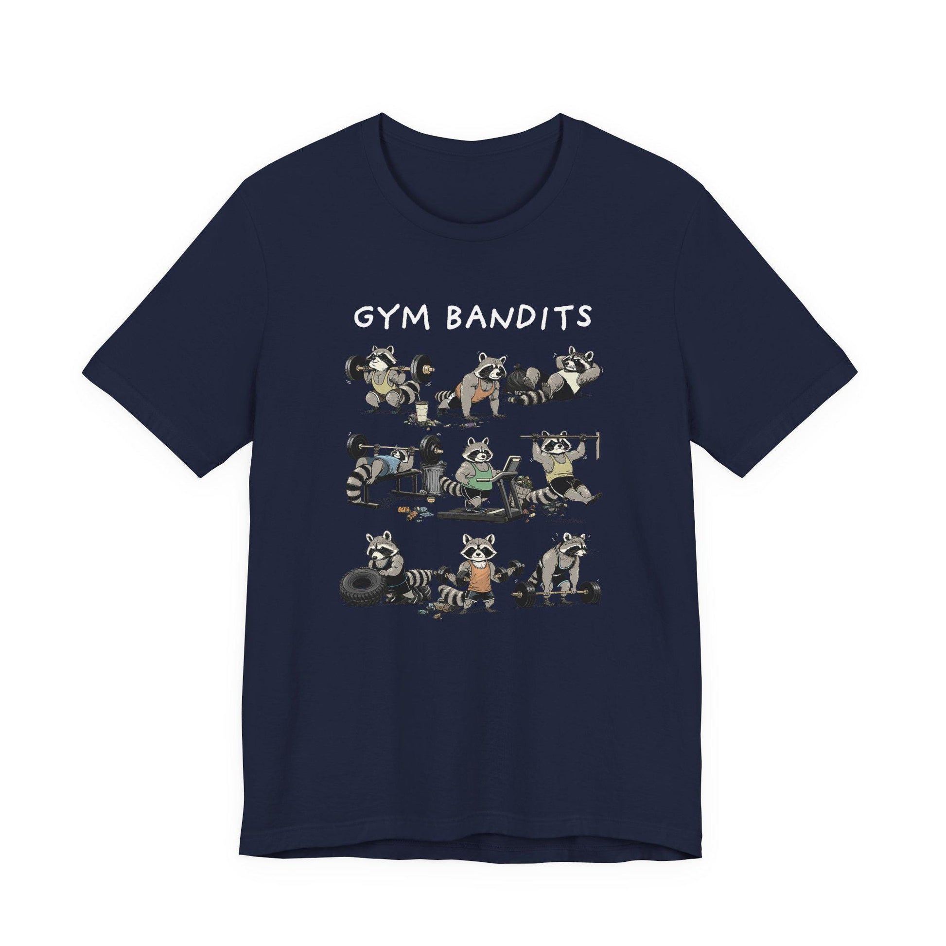 Navy crew-neck Gym Bandits T-shirt with raccoon graphic front