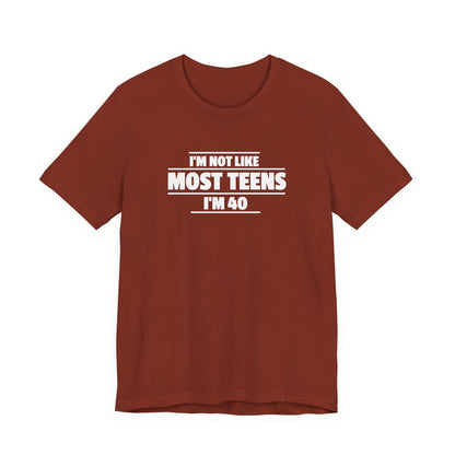 Rust crew-neck T-shirt with short sleeves and front slogan text graphic