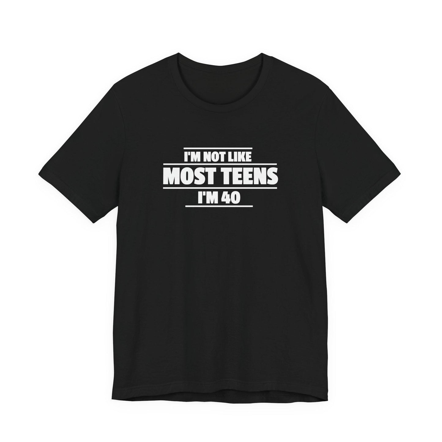 Black crew-neck T-shirt with short sleeves and centered front slogan graphic