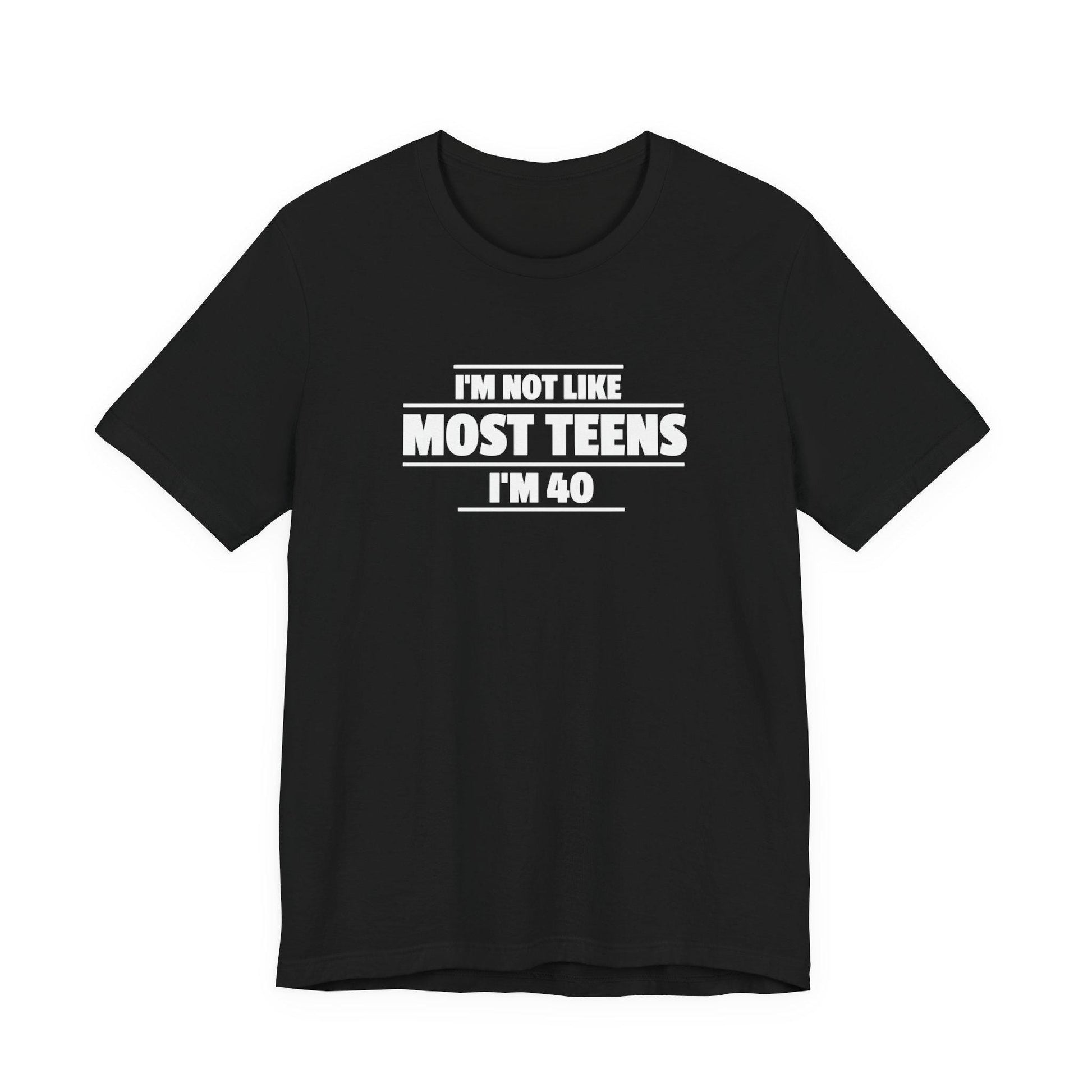 Black crew-neck T-shirt with short sleeves and centered front slogan graphic