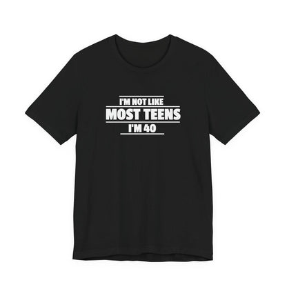 Black crew-neck T-shirt with short sleeves and centered front slogan graphic