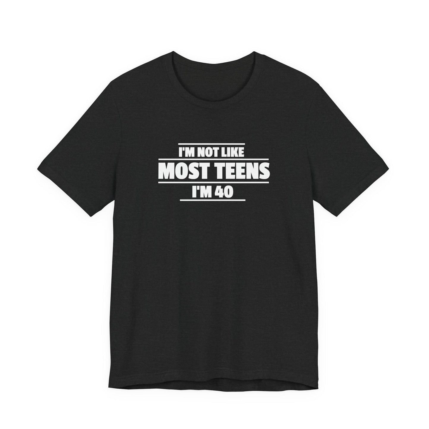 Black crew-neck T-shirt with short sleeves and front slogan text graphic