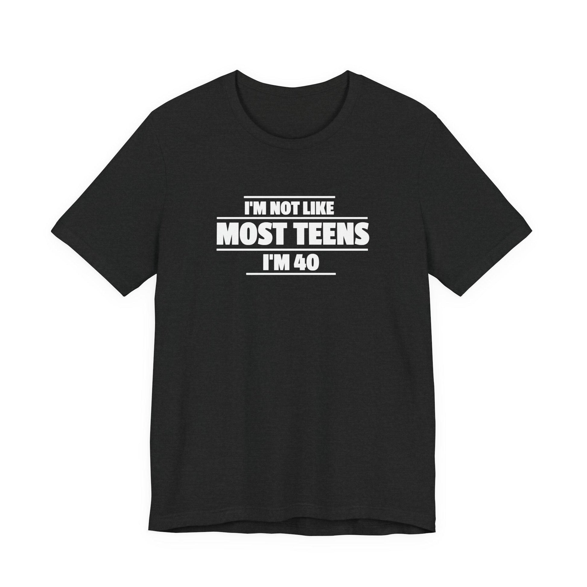 Black crew-neck T-shirt with short sleeves and front slogan text graphic