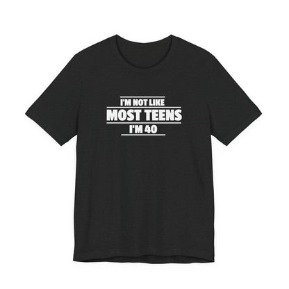 Black crew-neck T-shirt with short sleeves and front slogan text graphic