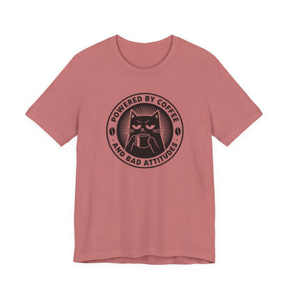 Mauve crewneck T-shirt with cat coffee logo: 'Powered by Coffee'