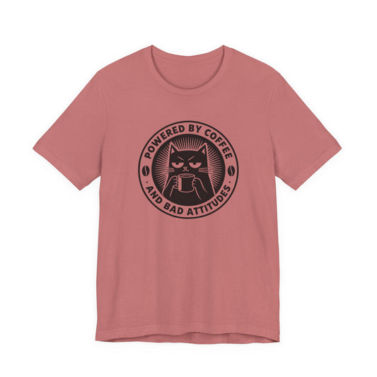 Mauve crewneck T-shirt with cat coffee logo: 'Powered by Coffee'