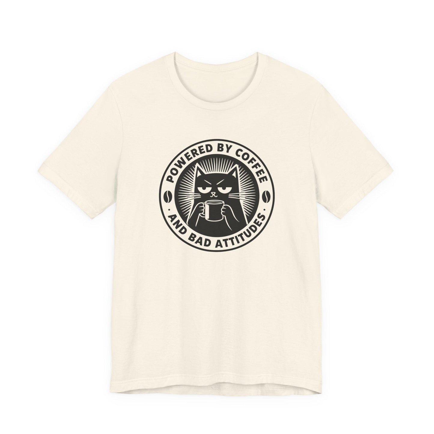 Natural crewneck cat coffee logo T-shirt with 'Powered by Coffee and Bad Attitudes'