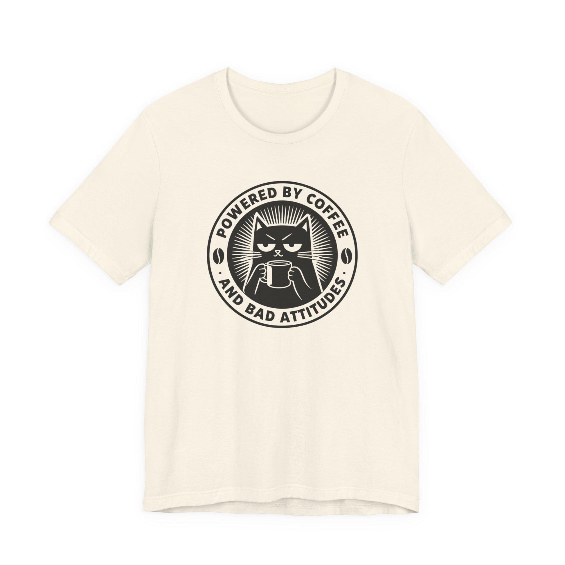 Natural crewneck cat coffee logo T-shirt with 'Powered by Coffee and Bad Attitudes'
