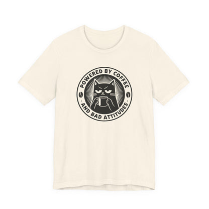 Natural crewneck cat coffee logo T-shirt with 'Powered by Coffee and Bad Attitudes'
