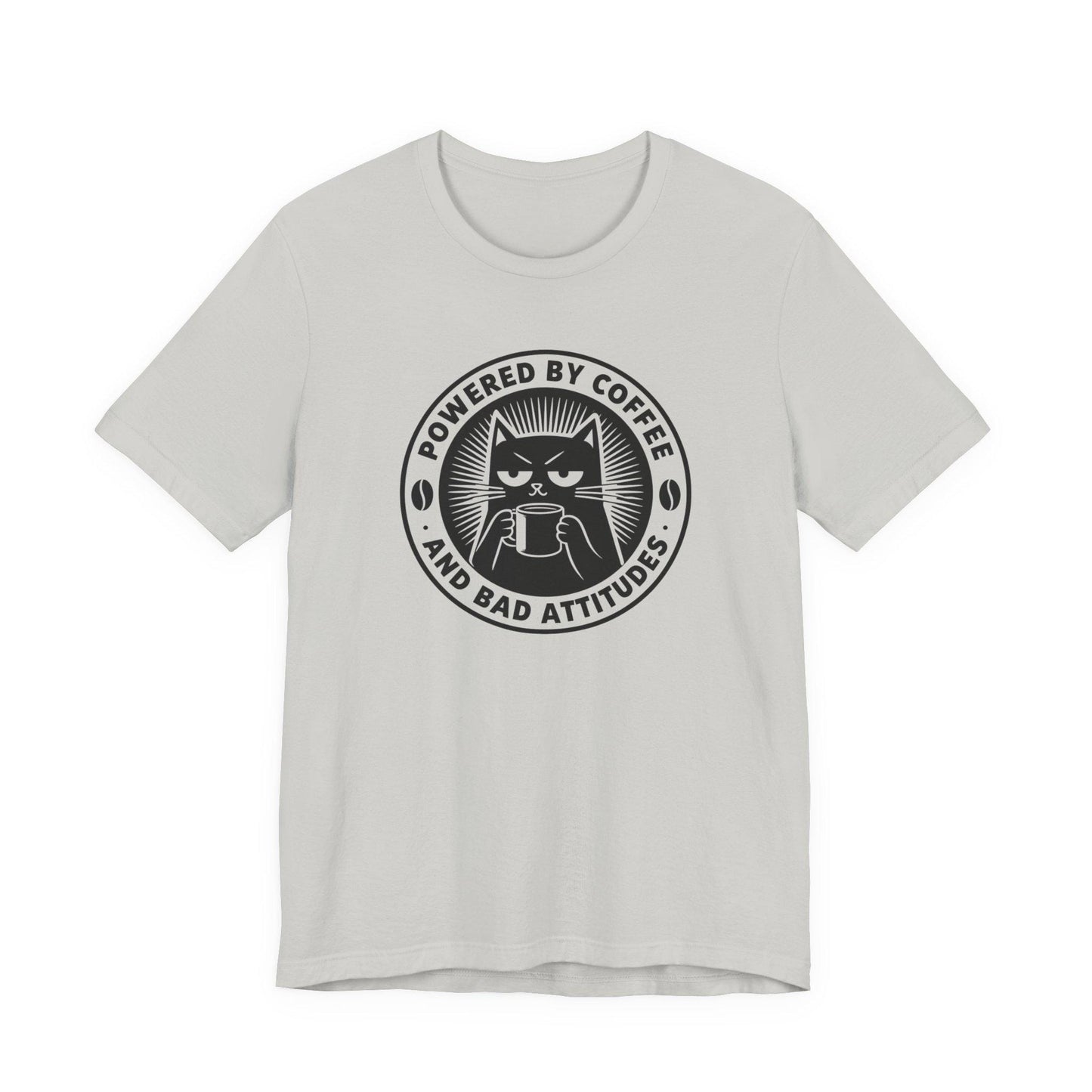 Light gray crewneck cat coffee logo T-shirt with 'Powered by Coffee' text