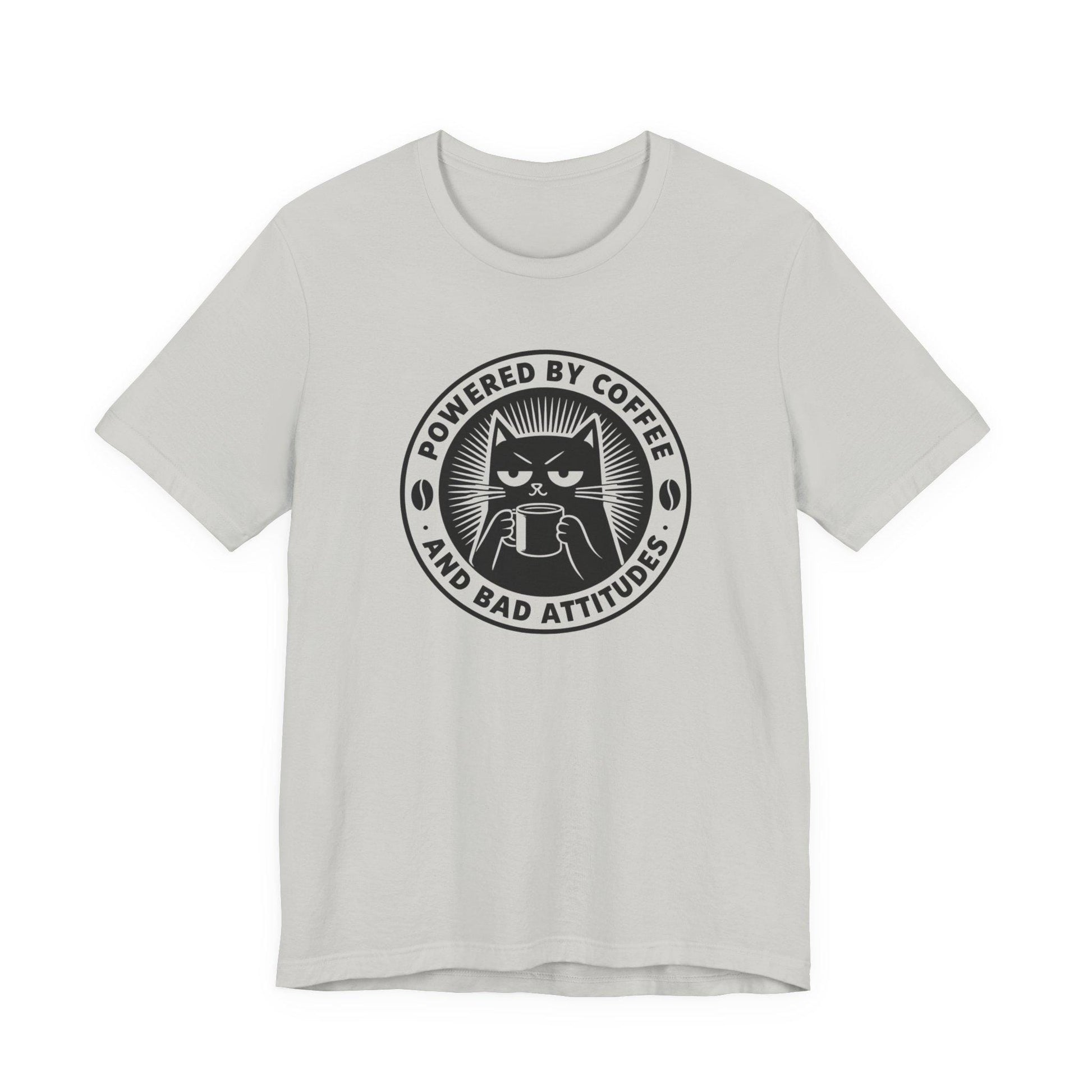 Light gray crewneck cat coffee logo T-shirt with 'Powered by Coffee' text