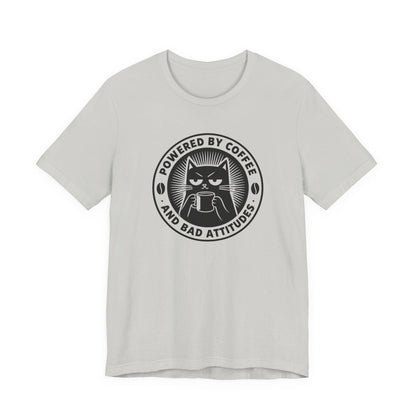 Light gray crewneck cat coffee logo T-shirt with 'Powered by Coffee' text