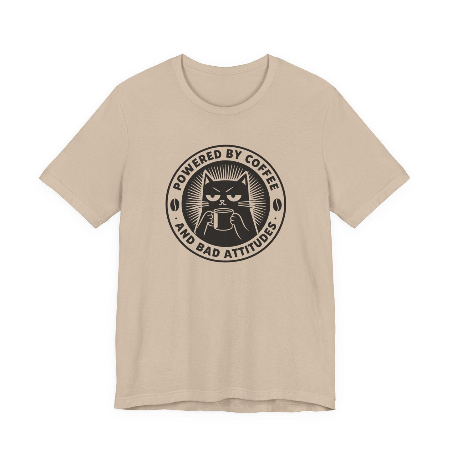 Tan crewneck cat coffee logo T-shirt with circular 'Powered by Coffee' text