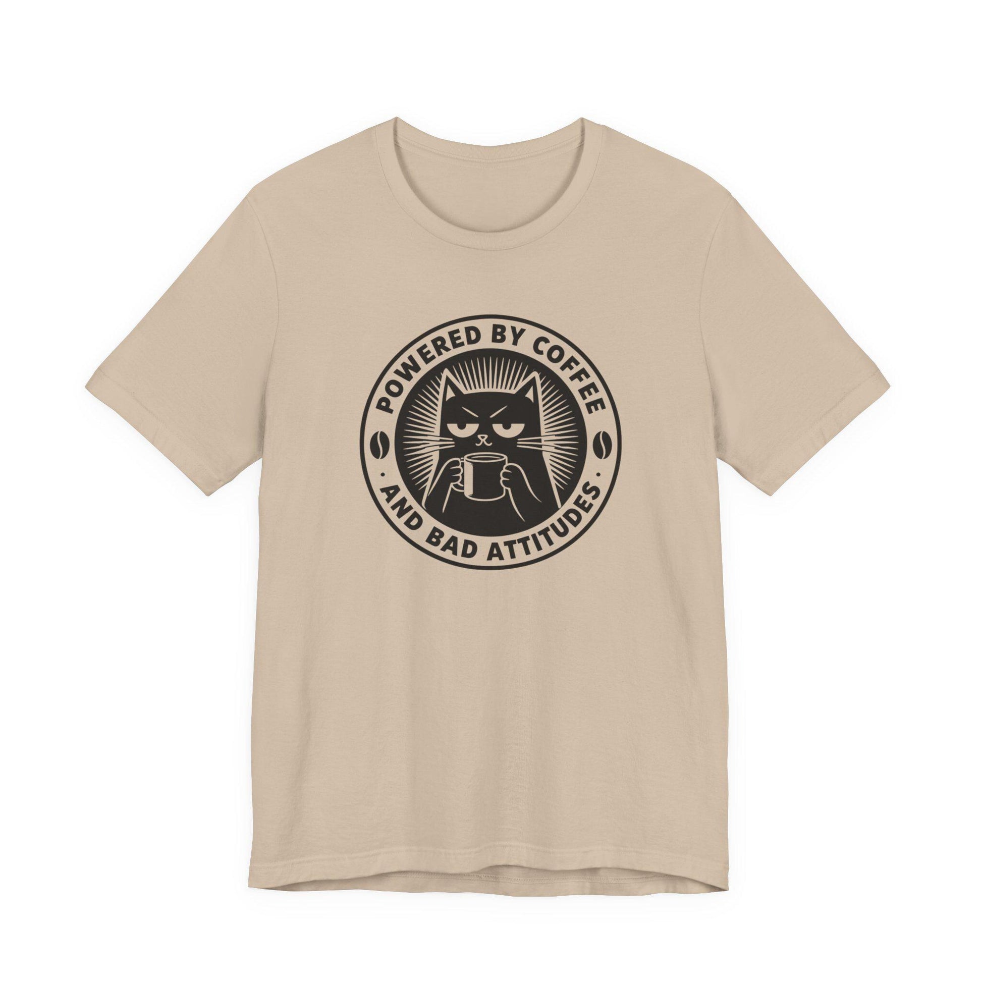 Tan crewneck cat coffee logo T-shirt with circular 'Powered by Coffee' text