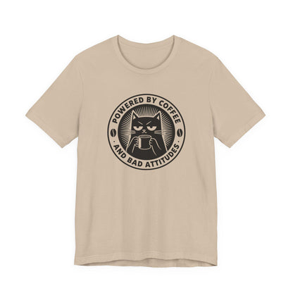Tan crewneck cat coffee logo T-shirt with circular 'Powered by Coffee' text