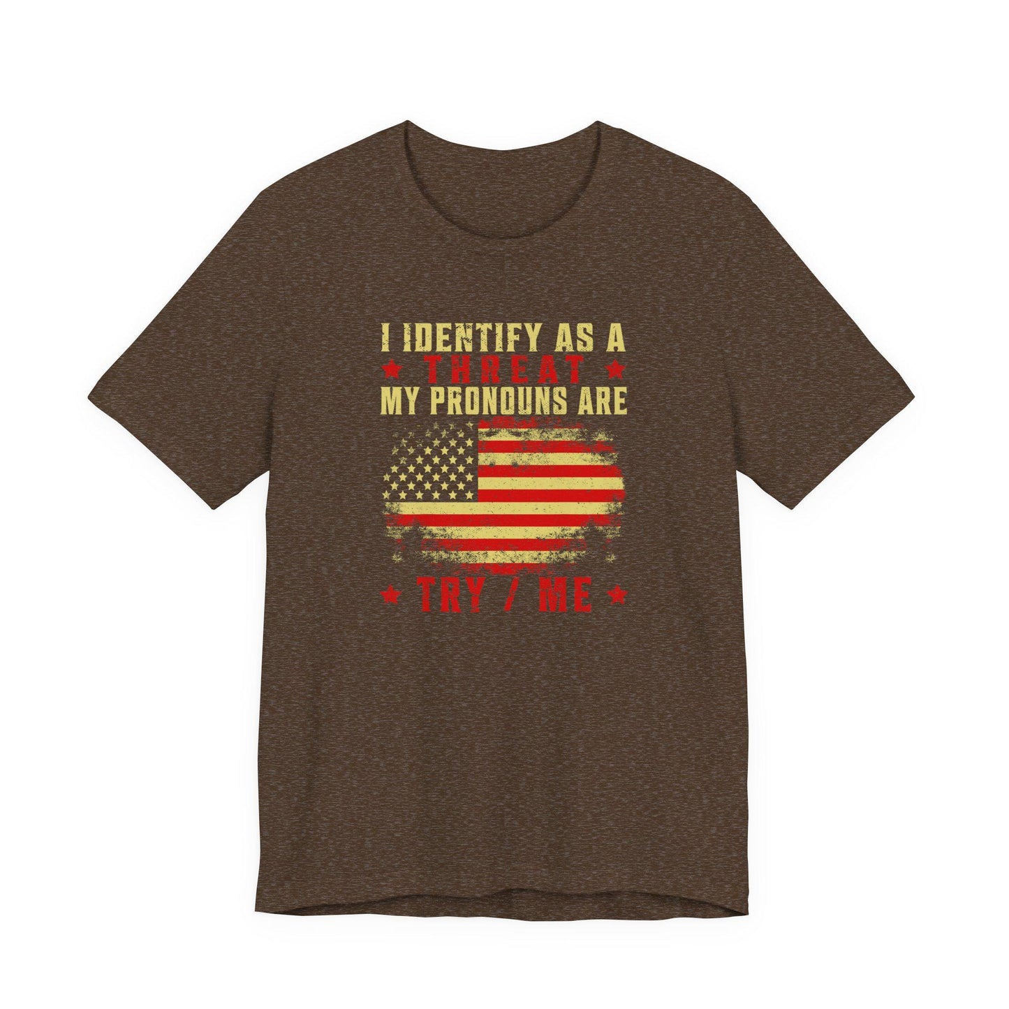 Heather brown crew-neck T-shirt with patriotic flag graphic and slogan print